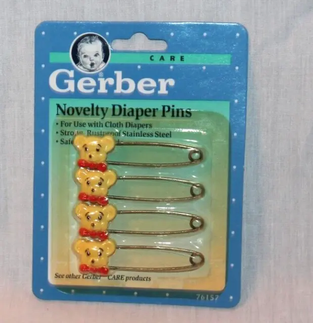 New 1991 Set Of 4 Vintage Baby Gerber Novelty  Diaper Pins Yellow Bear