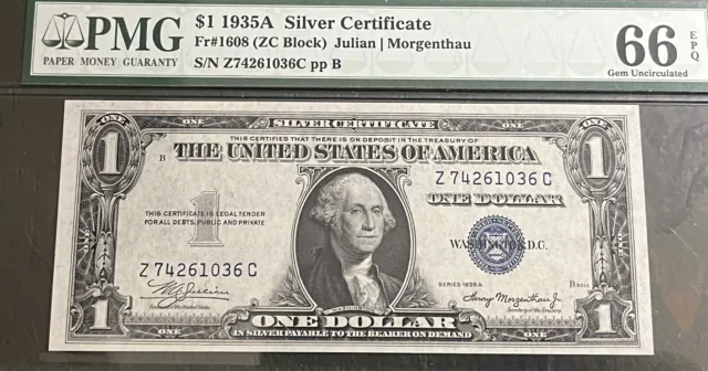 1935 A $1 Silver Certificate ZC Block PMG 66 EPQ Gem Uncirculated Blue Seal