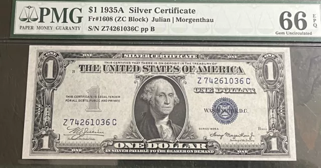 1935 A $1 Silver Certificate ZC Block PMG 66 EPQ Gem Uncirculated Blue Seal