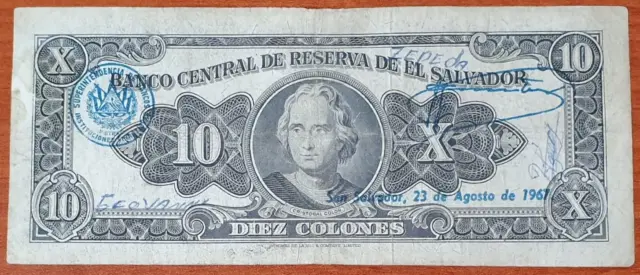 El Salvador 10 Colones 27 Dec 1966, Vf++ Serie Oj, Blue Front Sign