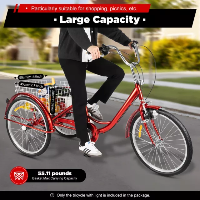 24" Adult Tricycle Bicycle Trike Cruise Bike 3 Wheel 6 Speed W/ Basket + Light