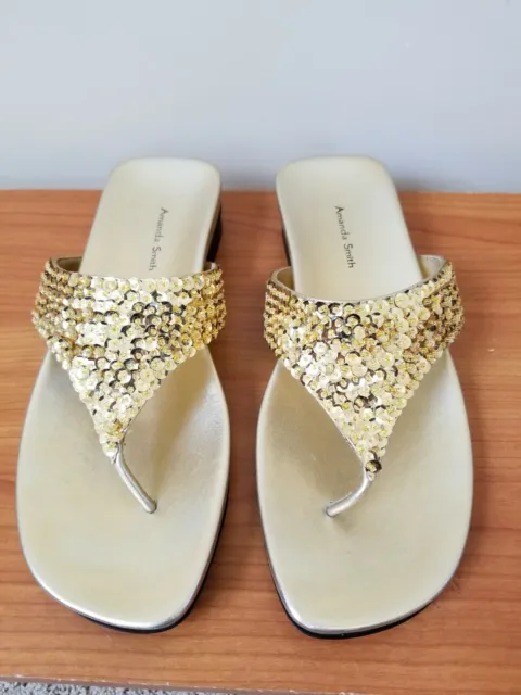 Amanda Smith Bedazzle Gold Sequins Thong Sandal Shoes Size 8