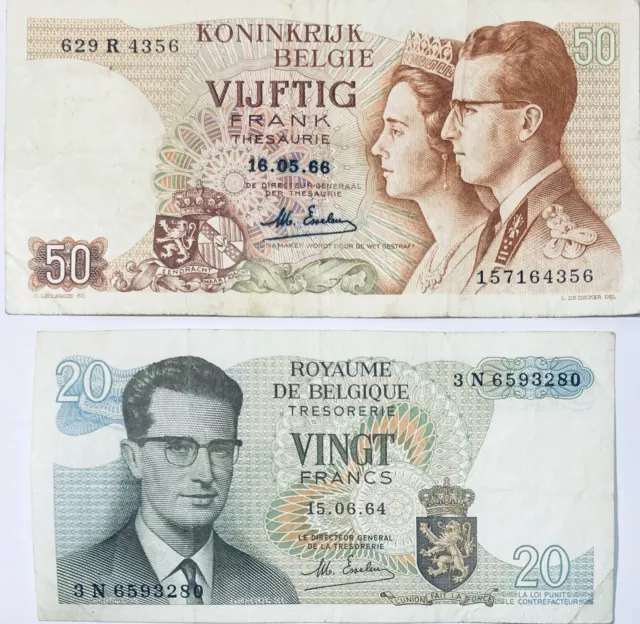 1964-66 Belgien 20 & 50 Belgische Franken (Frank) Banknoten König Baudouin I (Münze)