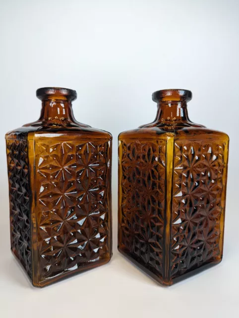 Vintage Amber Pressed Glass Decanters Set Of 2 Made in Taiwan Diamond Floral