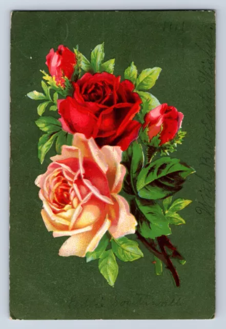 VINTAGE RED & PINK ROSES BEST EASTER WISHES c1915 POSTCARD DO