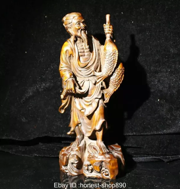 8.4" Old China Chinese Boxwood Wood Carved Stand Fish an old fisherman Statue