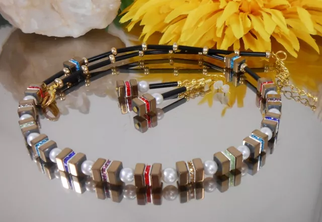 2er Set Collier u. Ohrringe Hämatit gold u. Strass bunt u. Glasperlen weiss