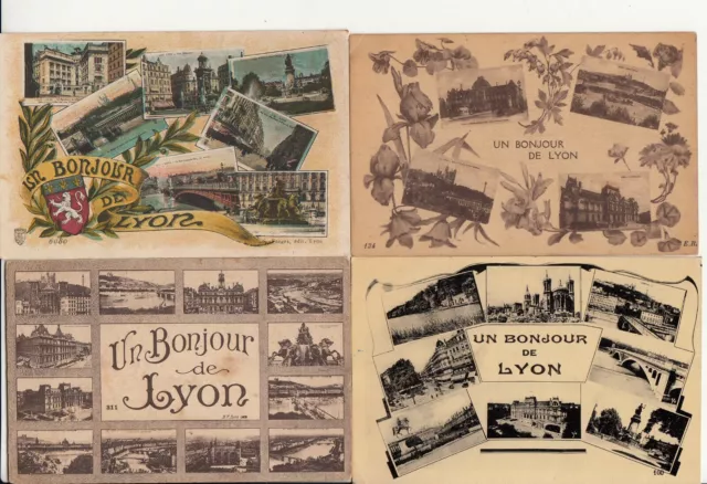 Lot of 4 Antique Old Postcards LYON Hello Lyon 2
