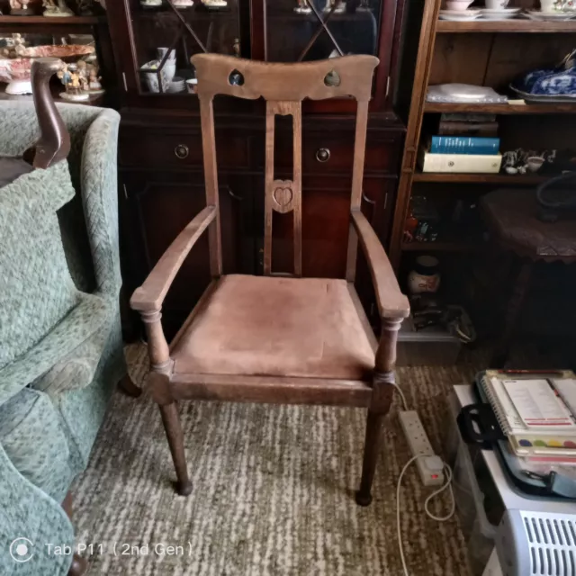 Antique Vintage Armchair Hall Carver Chair In Oak Insert Seat