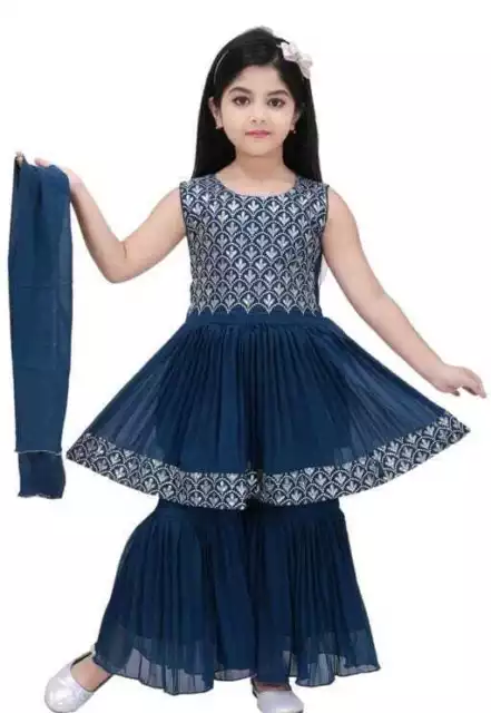 Niña Bordada Georgette Sin Mangas Azul Étnico Kurti Sharara Eid Wear 3-12 Y