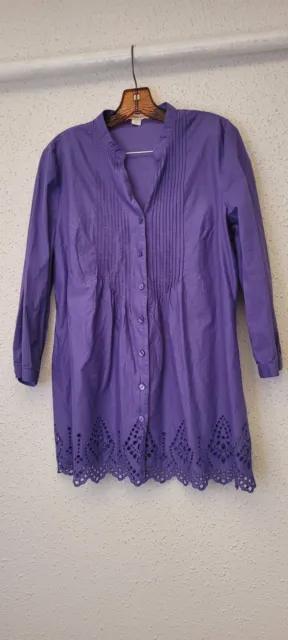 Coldwater Creek Purple Cotton Eyelet Hem Button Up Shirt Tunic Top Blouse L 14