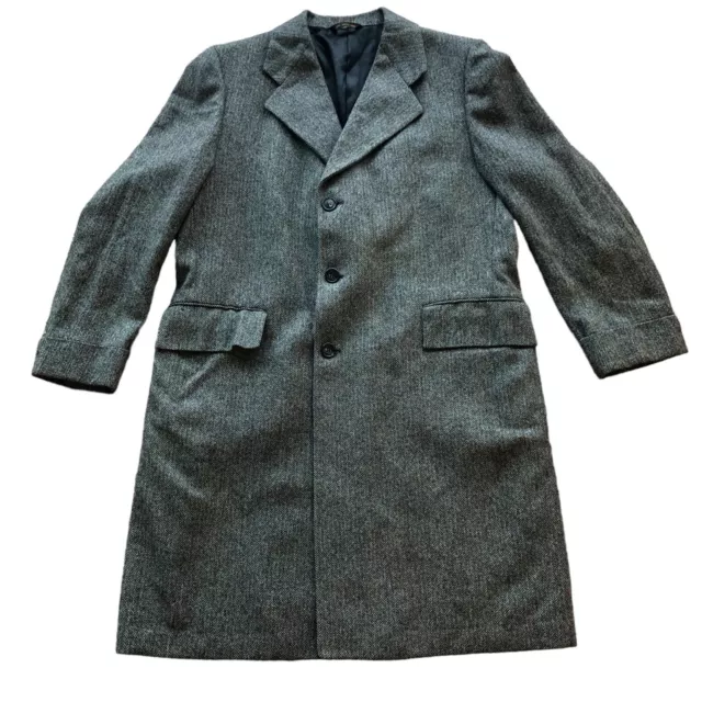 Vintage 1960s Wool Coat Mens 48 Gray Black Herringbone Tweed Duster Academia ￼