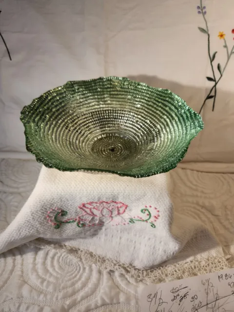 Metallic  Green Glass Decorative Bowl,  Ribbed  Design. 8 X 8 , 2.5 "Unmarked