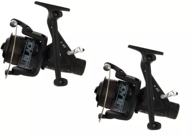 2 x Lineaeffe All Black Carp Fishing Bait Feeder Runner Reels Freespool & Line