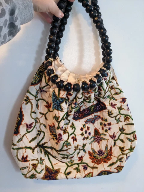 Treesje Handbag With Embroidery And Beads. Wooden Balls For Handle. Bohemian 
