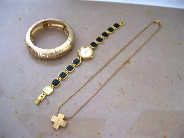 Schmuckset Halskette m. Kreuz Damenuhr Armreif elastisch goldfarben Modeschmuck
