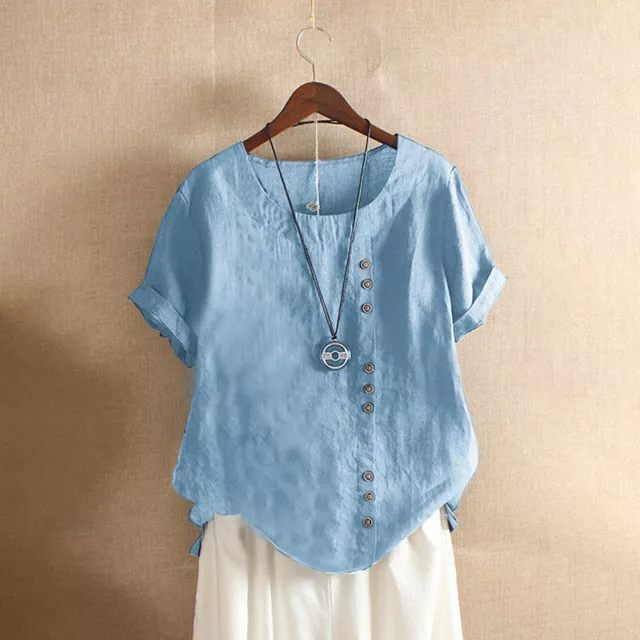 Women Short Sleeve Solid Tops Ladies Cotton Linen Casual Shirt Loose Blouse Tees