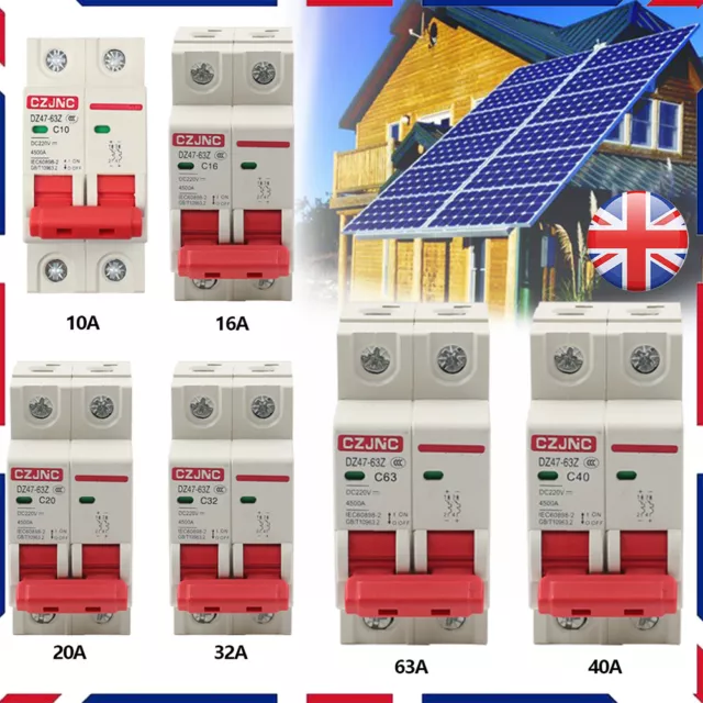 DC Circuit Breaker Solar Fuse MCB Double Pole 2P 6 10 16 20 25 32 40 50 63A UK