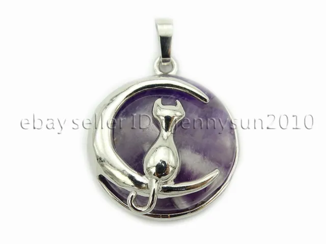 Natural Gemstone Cat and Moon Round Reiki Chakra Pendant Charms Silver Plated