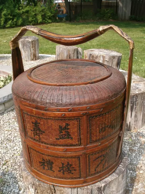 Old 2 Tier Chinese Rattan & Wicker Basket..Calligraphy and Great Detail