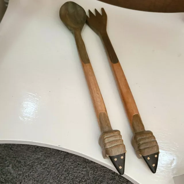 Beautiful timber Carved Unused Argentine Armadillo Salad Servers Spoon & Fork