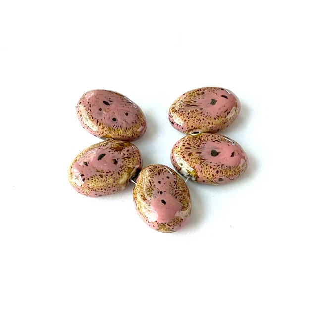 4 Large Pink speckled Glazed Ceramic Porcelain Oval Drop Focal Beads 30x22mm 3