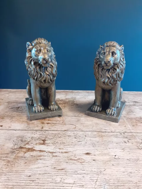 Pair of Stone Garden Lion Ornaments Statues Bronzed Metallic Gold Luxurious Art