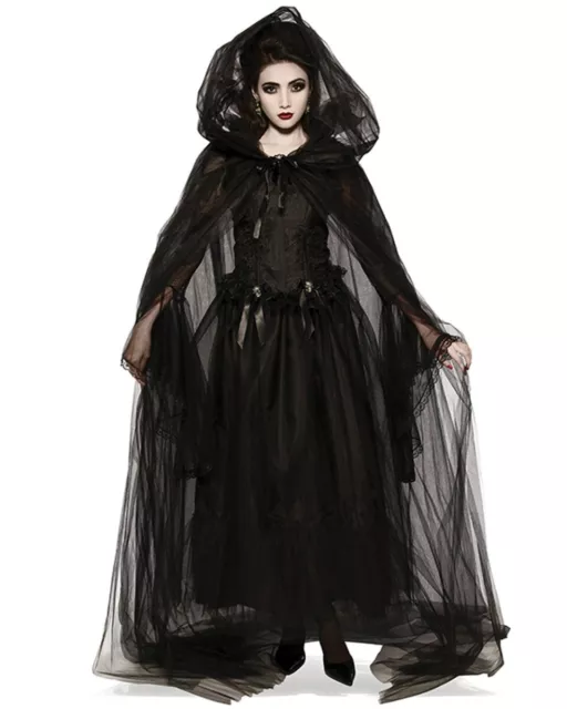 Ladies Black Halloween Cloak Hooded Cape Wizard Costume Witch Vampire