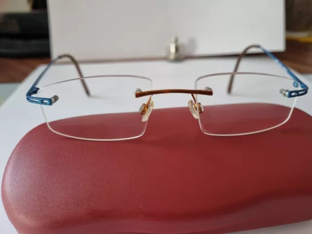 Damen Brillengestell Randlos Gleitsichtbrille, Metall-Kupfer-Blau, neuwertig!
