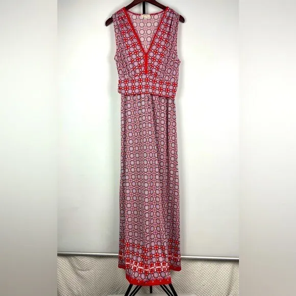 Max Studio Red Floral Mexican Tile Print Sleeveless Maxi Dress SIZE LARGE