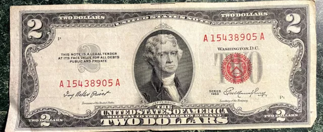 $2 Dollar RED seal 1953 Series Circulated Condition