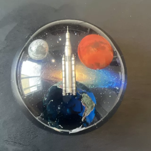 Rocket Andromedome 4" Paperweight w Earth Moon & Mars in Galaxy Acrylic NASA