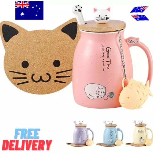 Cat Mug Cute Ceramic Coffee Cup with Lovely Kitty Wooden Lid Stainless Steel Spo