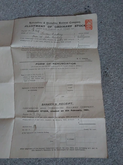 Lancashire & Yorkshire Railway Company Allotment Of Ordinary Stock 1902 Lancashire & Yorkshire Railway Company Allotment Of Ordinary Stock 1902