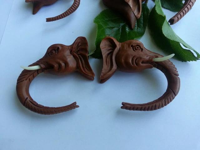 Pair Organic Sawo Wood 3D elephant Spirals EarTaper Stretcher Hang Plugs Gauges 2
