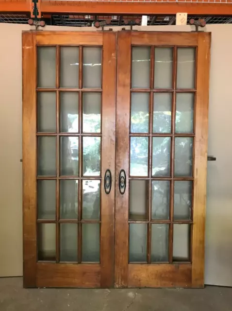 Antique Pair 15 Lite Wood 30x84 French Pocket Doors Room Divider Old VTG 832-23B