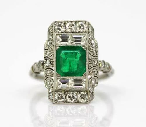 Art Deco 1920's Circa Asscher Cut Green Emerald & CZ Ring in 925 Sterling Silver