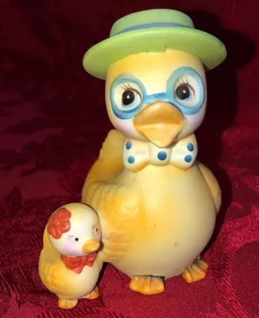 Duck w/ Duckling Baby Yellow Ceramic Bird Figurine Blue Glasses Green Hat Korea