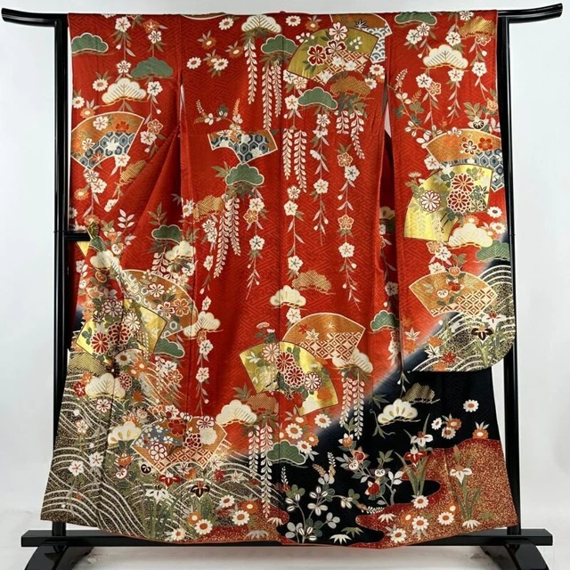 Woman Japanese Kimono Furisode Silk Fan Pine Plum Blossom Gold Thread Foil Red