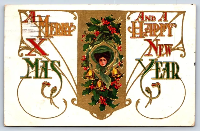 Postcard Art Nouveau Merry Christmas Happy New Year Lady w Scarf Gold Gilt H3