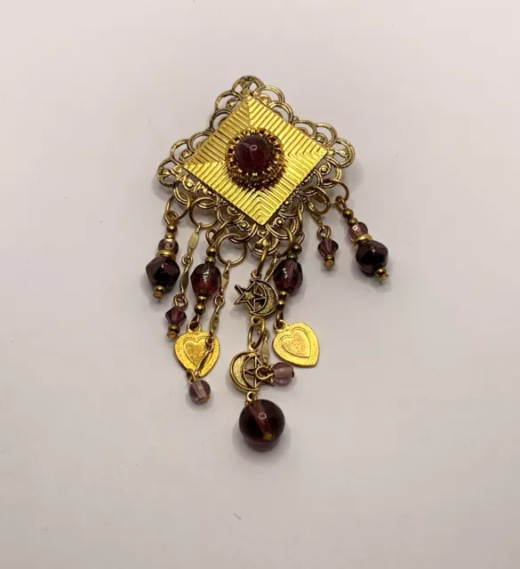 Vintage dangle brooch gold tone faux amethyst purple moon stars and hearts