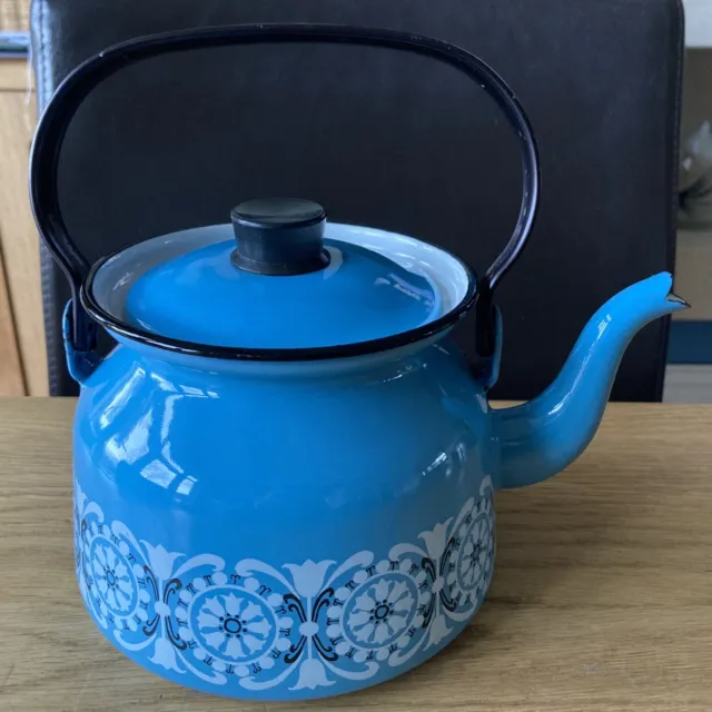 Vintage Enamel Ware Blue Retro Pattern Finel Finland Teapot Kettle Stove Scandi