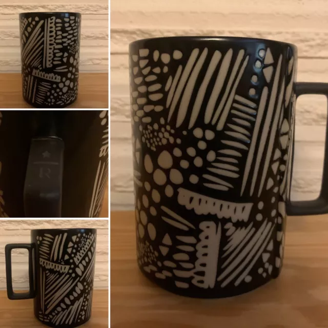 Starbucks 2014 Roastery Reserve Tribal Motif Cup Black Ceramic Coffee Mug 16 oz