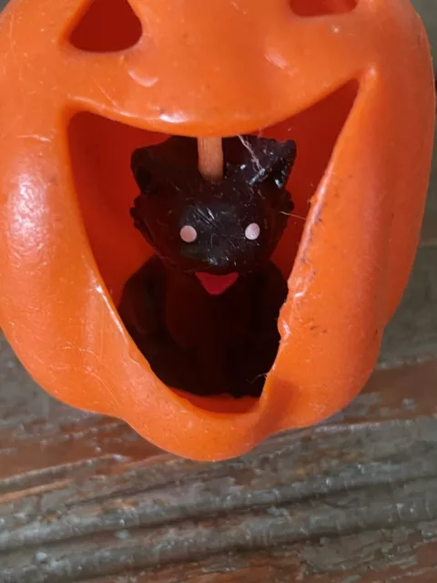 VTG Gurley Novelty Halloween Candle Unburn Black Cat Inside JOL Jack O'Lantern