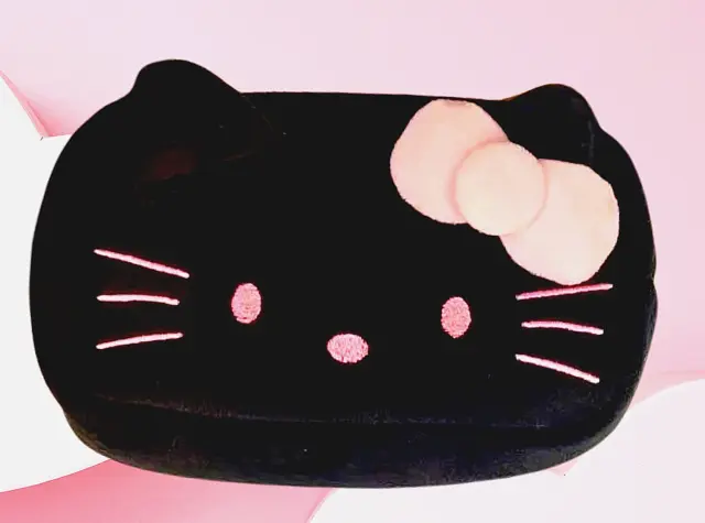 Hello Kitty Face Black & Pink Plush Vanity Case Pencil Cosmetic Pouch Kawaii Bag