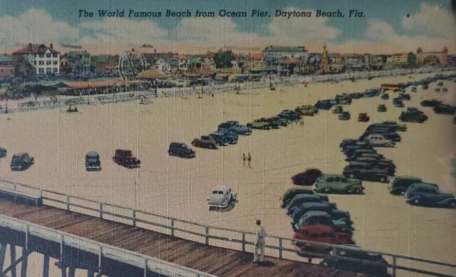 Cars Parked Beach Ocean Pier Daytona Beach FL Linen Postcard Posted 1940