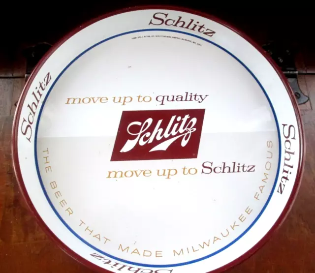 Vtg 50s 'Move Up to QUALITY, Move Up to SCHLITZ' Tin Metal Beer Serving Tray