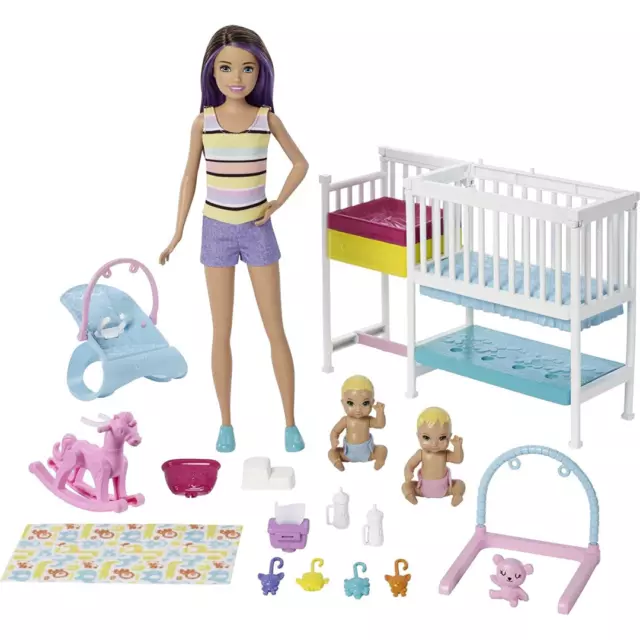 Barbie Nursery Playset with Skipper Babysitters Doll 2 Baby Dolls Crib & 10+ Pcs