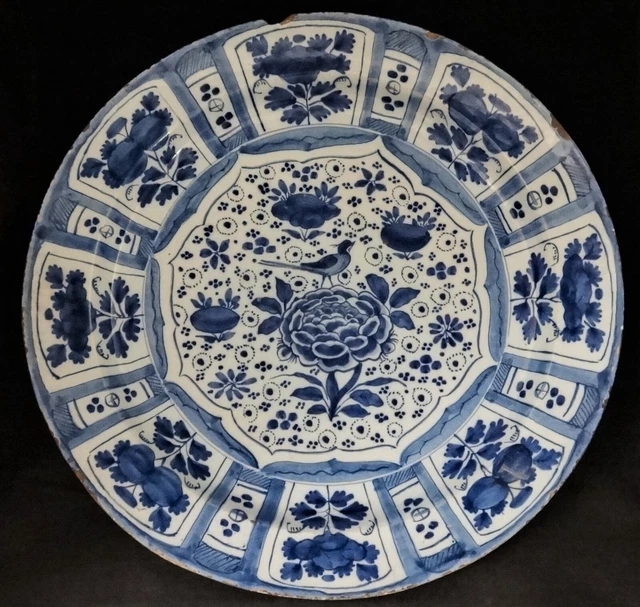 1680-1720 Dutch Delft B&W pottery charger, imitation of Chinese Kraak, 15 ½”