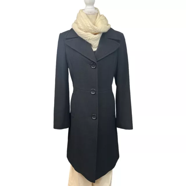 DKNY Cashmere Coat Womens 12 Black Wool Blend Long 3-button Overcoat